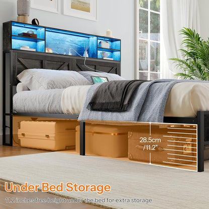 HOOBRO Full Bed Frame with Charging Station, LED Bed Frame with Tall Storage Headboard, Strong Wood Slats, No Box Spring Needed, Noise-Free, Charcoal Gray and Black BC05UDBF01