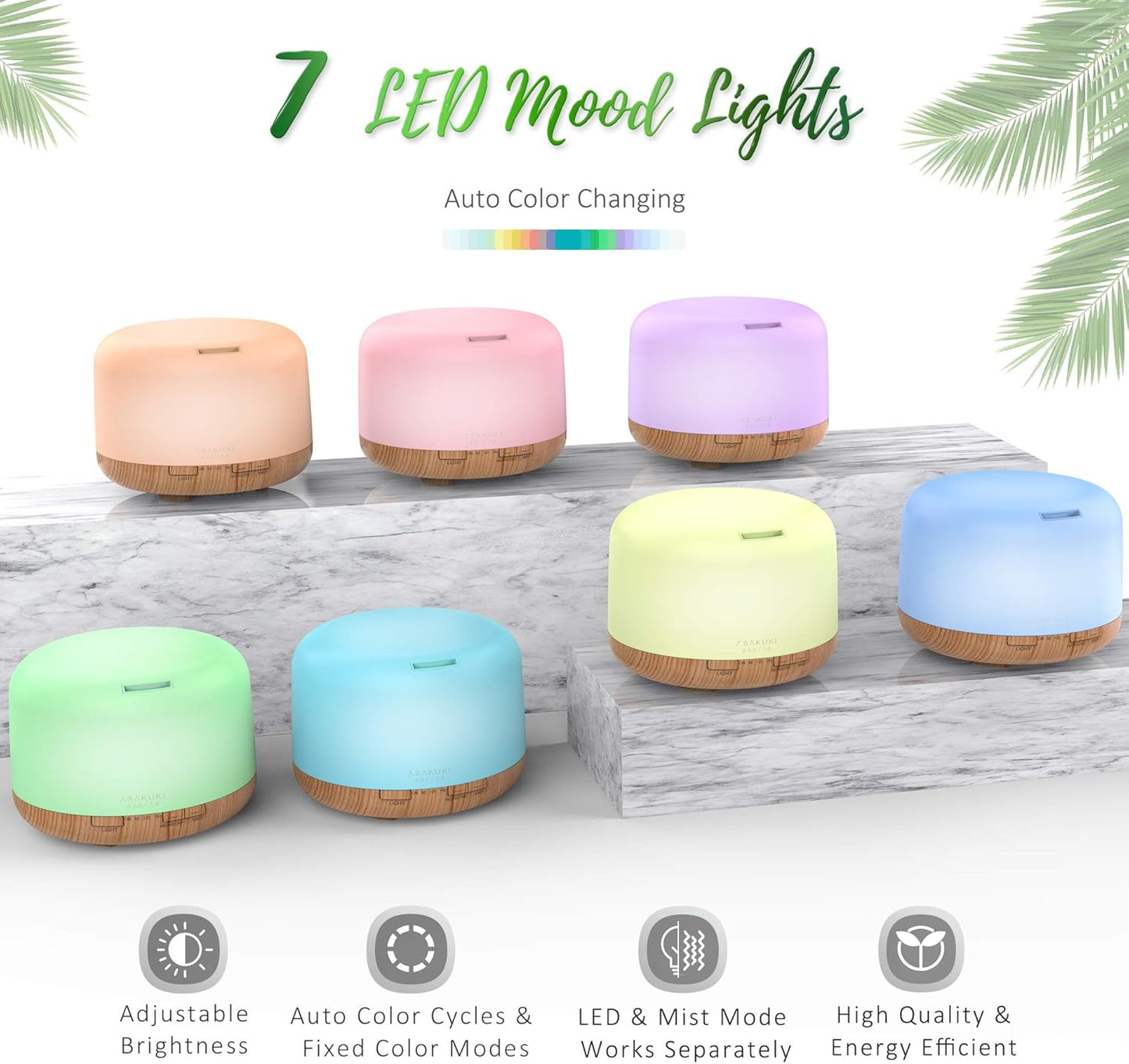 ASAKUKI Oil Diffuser with  Essential Oils Set, 500ml Aromatherapy Humidifier with 14 LED Colors & Auto Shut-Off - 6 Oil Gift Pack(Lavender Eucalyptus Tea Tree Orange Peppermint Lemongrass)