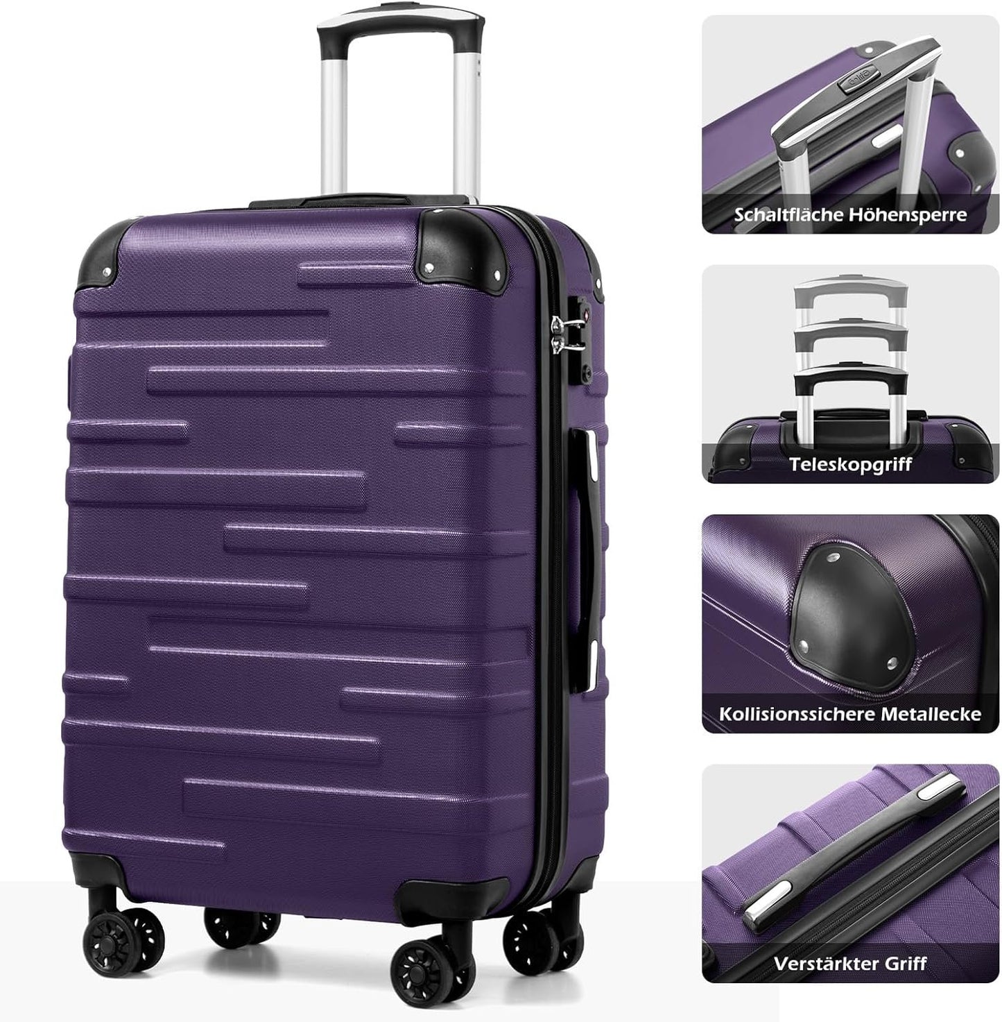 COOLIFE Suitcase Trolley Hard Ultralight and Spacious, Side Combination Lock with TSA, 4 Wheels for Easy Transport, grey, Side combination lock with TSA, 4 wheels for easy transport