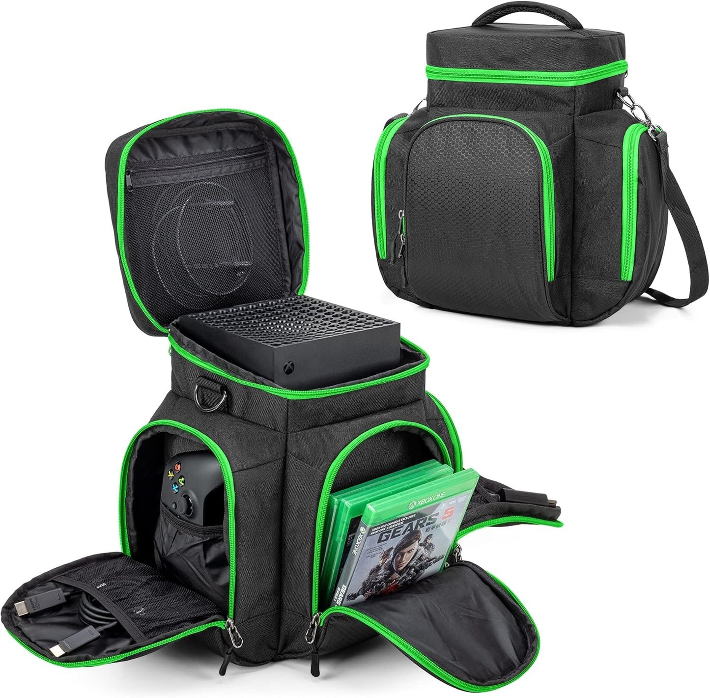 Trunab Console Carrying Case Compatible with Xbox Series X, Travel Bag with Multiple Storage Pockets for Xbox Controllers, Games, Cables and Other Accessories, Green (Patented Design)
