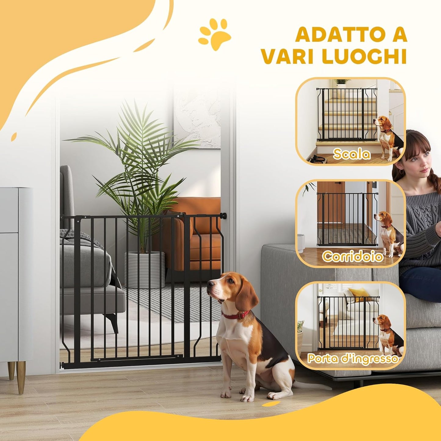 PawHut Safety Gate for Dogs Extendable 75-95 cm and Adjustable for Stairs and Doors, 76 cm High Steel and ABS Black