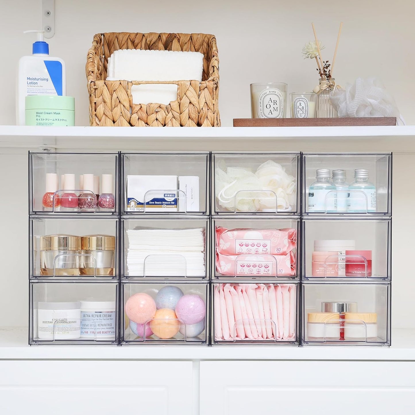 Vtopmart 2 Pack Clear Stackable Storage Drawers, 4.4'' Tall Acrylic Bathroom Makeup Organizer,Plastic Storage Bins For Vanity, Undersink, Kitchen Cabinets, Pantry, Home Organization