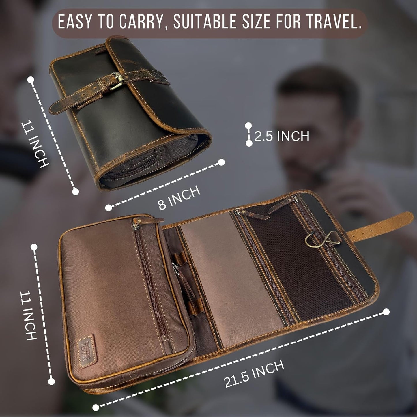RUSTIC TOWN Leather Hanging Toiletry Bag for Men - Travel Shaving Dopp Kit - Bathroom Shower Toiletries Organizer - Leather Cosmetic Makeup Bag for Women, Brown, Large, Leather Toiletry Bag