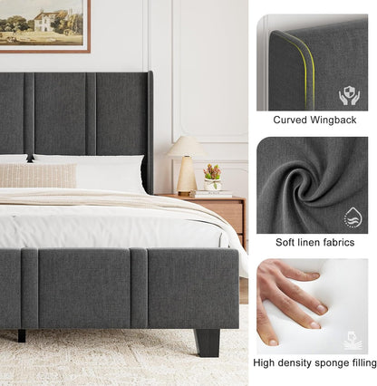 ROLETALENT Queen Bed Frames with 50.8" Tall Upholstered Headboard Wooden Platform Double Bed Frame Queen Size No Box Spring Needed Noise Free Easy Assembly