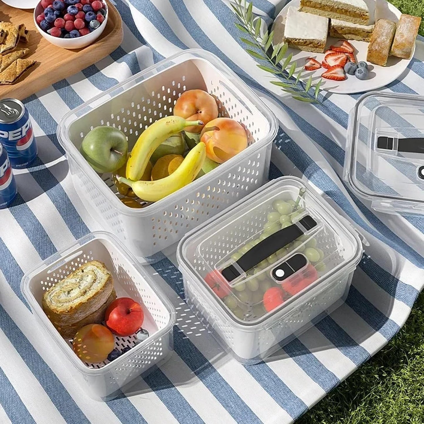 5 PCS Fruit Storage Containers for Fridge, 5 Sizes (13oz-140oz) Leakproof & Airtight with Silicone Seal, Draining Colander, Food Grade BPA-Free, Keep Fruits Vegetables Fresh for Camping, Kitchen