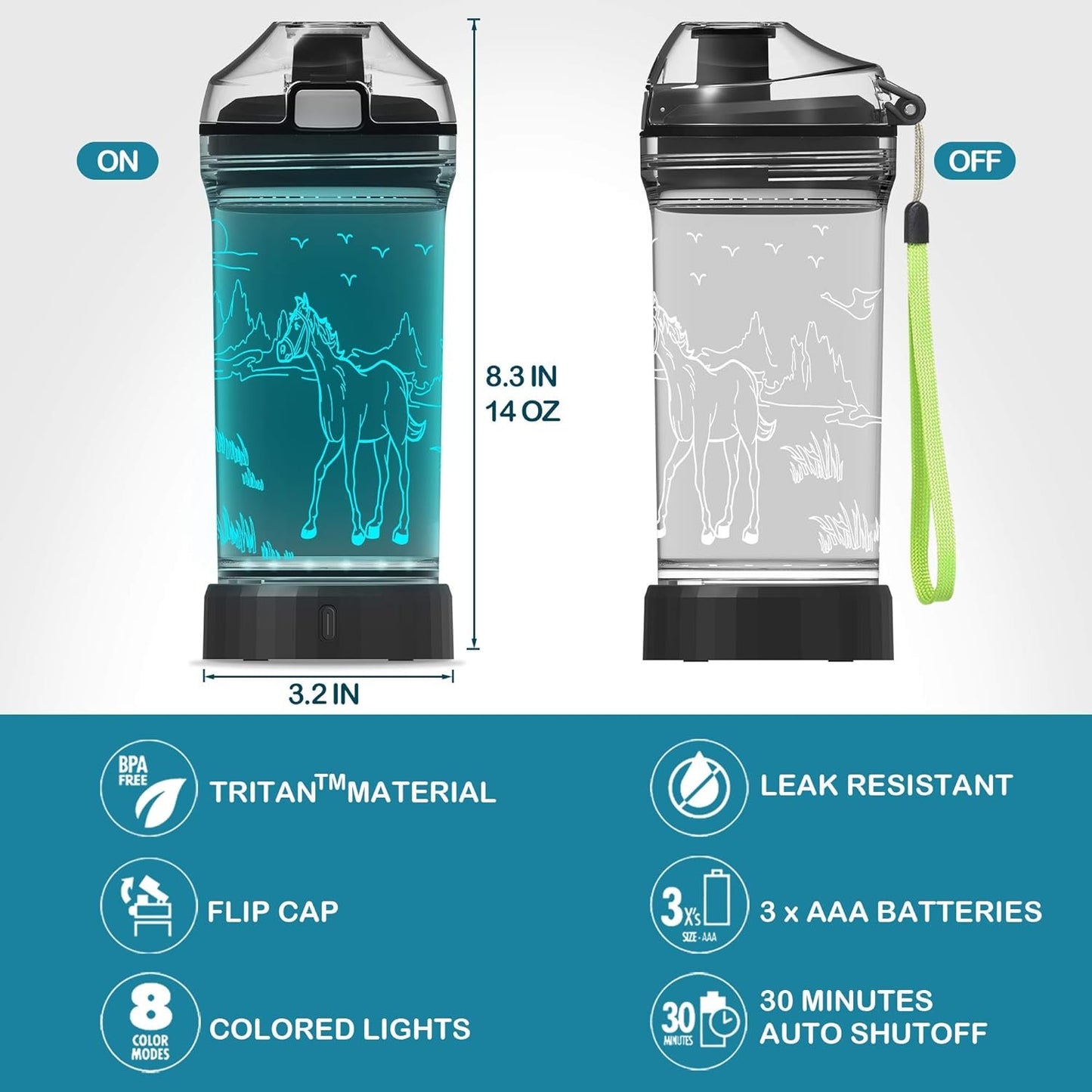Horse Gifts, 3D LED Light up Horse Water Bottle, 14 OZ Tritan BPA Free Eco-Friendly - Cool Drinking Cups Gift for Women Girls