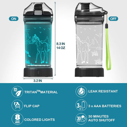 Horse Gifts, 3D LED Light up Horse Water Bottle, 14 OZ Tritan BPA Free Eco-Friendly - Cool Drinking Cups Gift for Women Girls