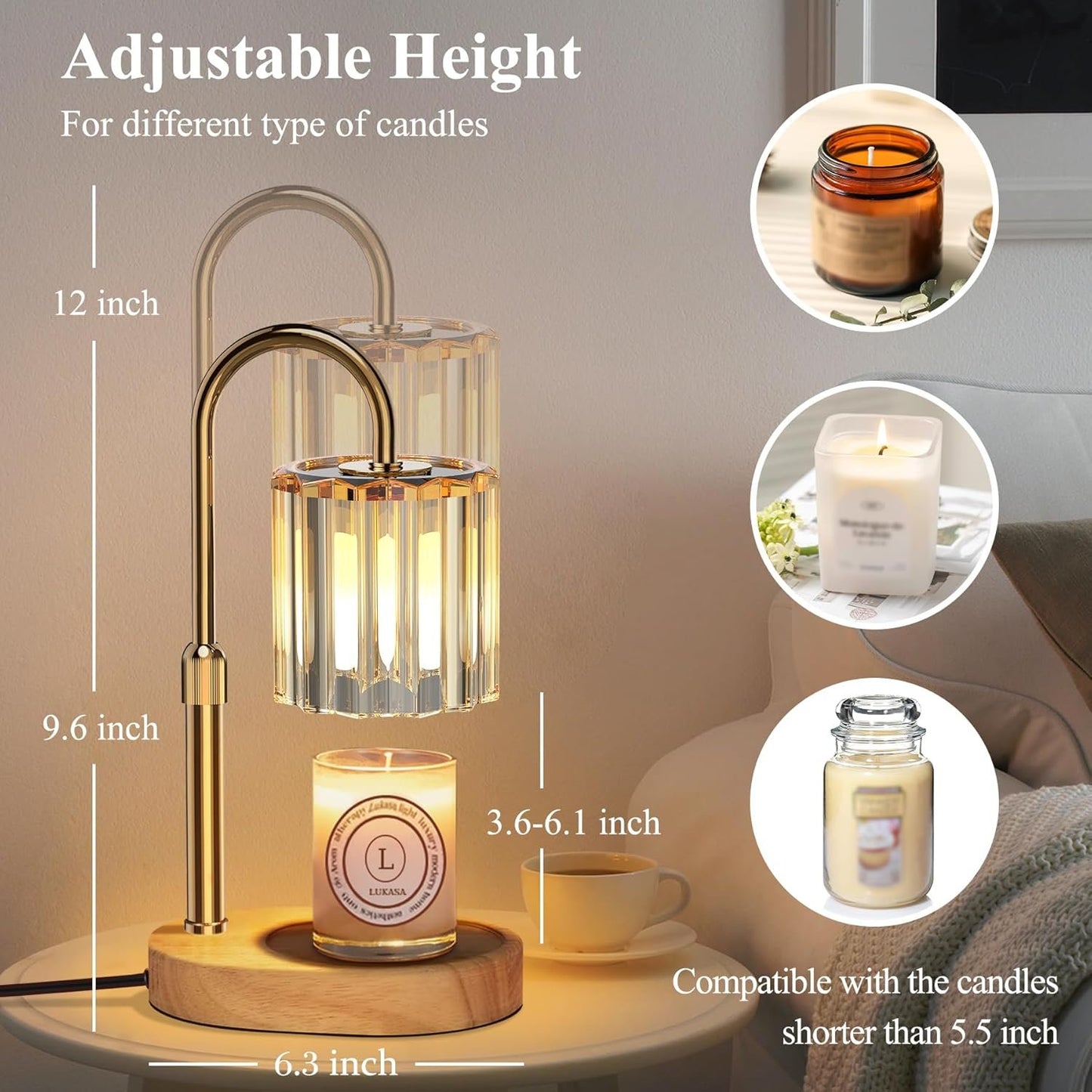 Lukasa Candle Warmer Lamp with Timer and Dimmer, Adjustable Height, Candle Lamp, Gifts for Women Mom, House Warming Gifts New Home Decor, Wax Melt Warmer for Scented Jar Candles