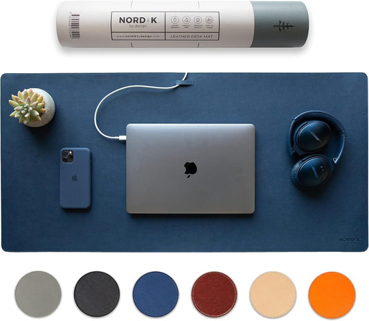 Nordik Leather Desk Mat Cable Organiser (Midnight Blue 89 X 43 cm) Premium Extended Mouse Mat for Home Office Accessories - Felt Vegan Large Leather Desk Pad Protector & Desk Blotter Pads Decor