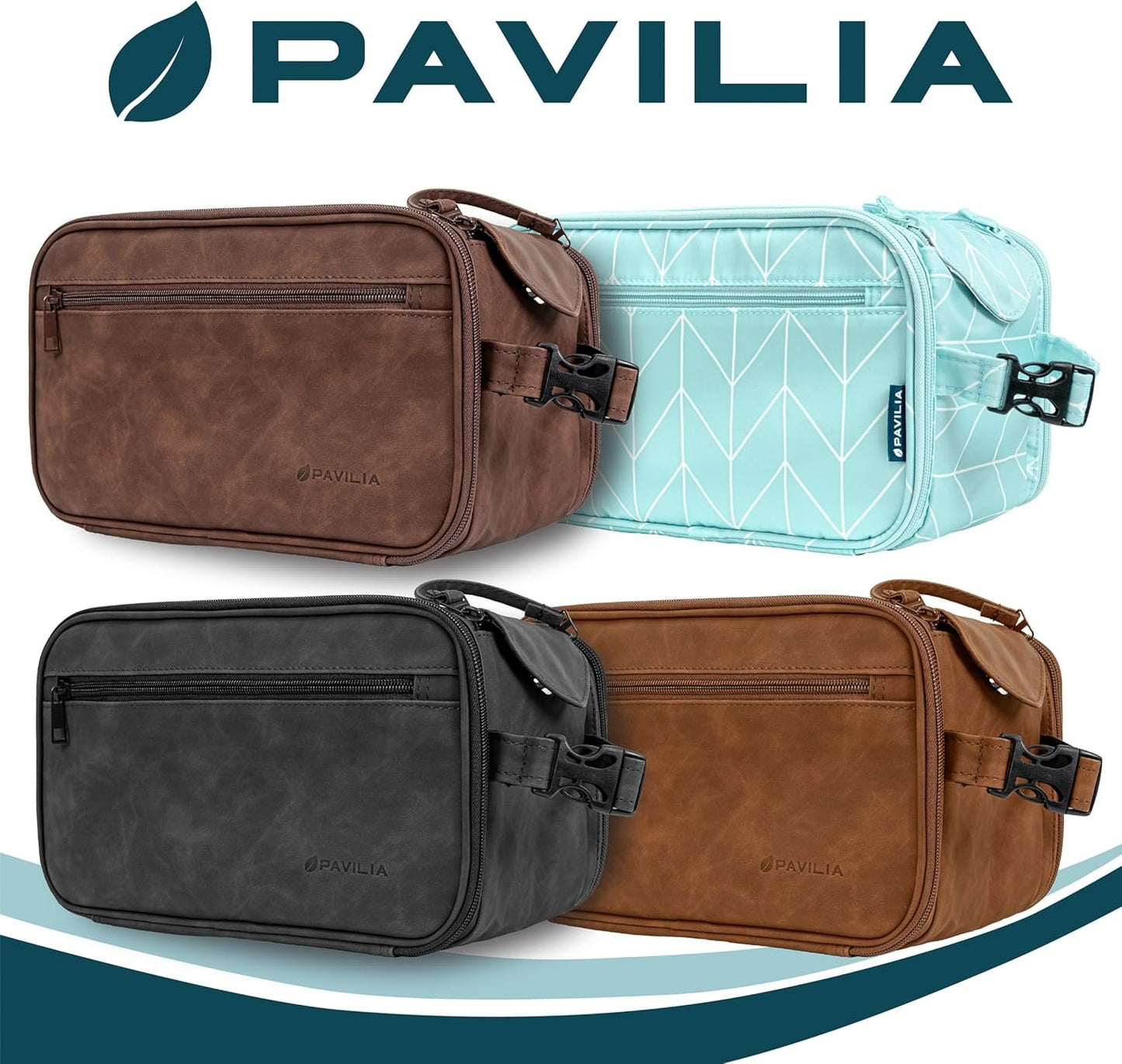 PAVILIA Toiletry Bag for Men Women, Mens Travel Bag Toiletries Organizer Case for Grooming, Travel Essentials Shaving Dopp Kit, PU Leather Water Resistant Cosmetic Pouch, Black, Dark Brown, Extra