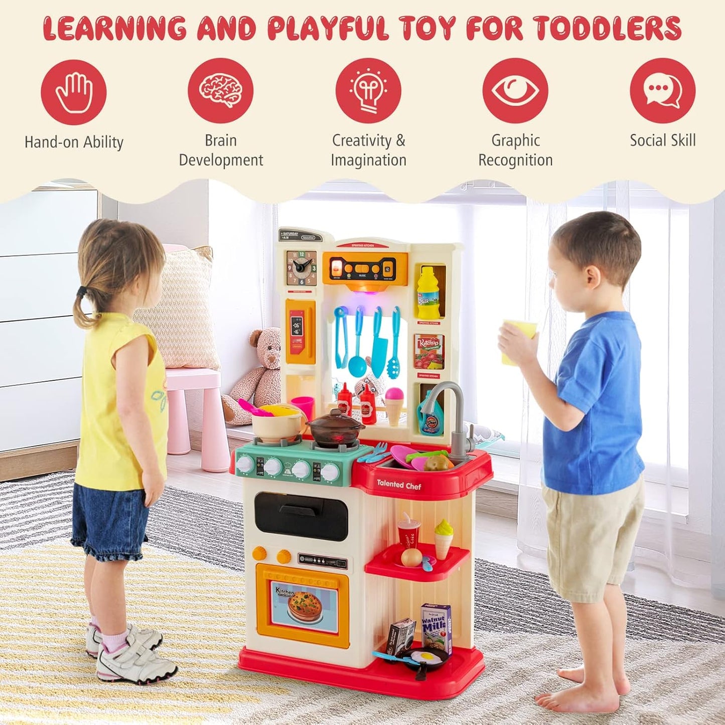 HONEY JOY Kids Play Kitchen, 65PCS Pretend Kitchen Play Toy Accessories Set w/Play Sink, Realistic Lights Sounds, Steam Simulation, Cooking Play Kitchen Playset w/Water Circulation for Children (Pink)