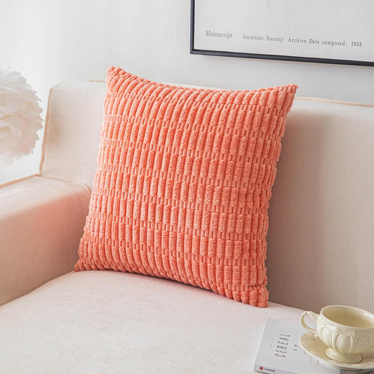 SHITURRE Decorative Throw Pillow Covers for Couch Bed Sofa Livingroom, Coral Red Square Cushion Covers Corduroy Striped Pillowcases for Boho Home Decor(18"x18", 2 Packs)
