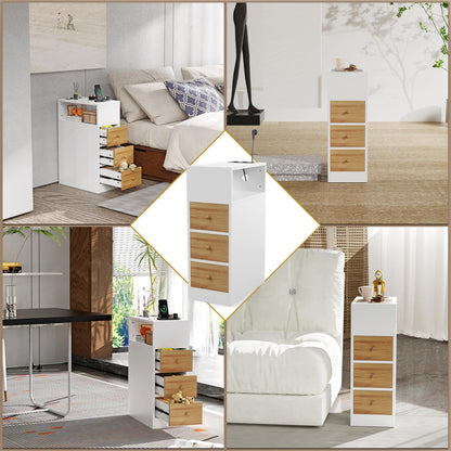 Set of 2 Narrow Bedside Table with USB Sockets and Ports, Bedside Table with Day Compartments and Drawer, Space-Saving Night Table for Bedroom Living Room, 45 x 25 x 70 cm, Narrow Bedside Tables in
