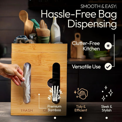Plastic Bag Holder and Dispenser – Pantry Organizer for Kitchen Accessories - Under Sink Organizer and Storage for Kitchen Essentials - Bamboo Cabinet Dispenser and Trash Bag Holder