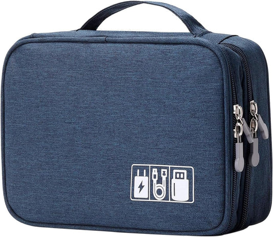 Travel Cable Organizer Bag, Electronic Accessories Case Portable Double Layer Cable Storage Bag for Cord,Phone,Charger, Flash Drive, Phone, SD Card,Personal Items (Dark Blue)