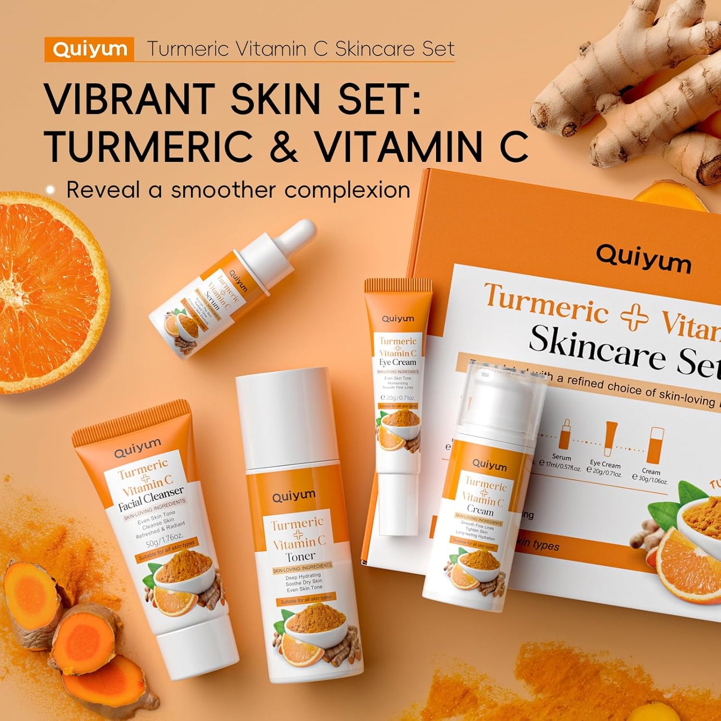 QUIYUM Turmeric Vitamin C Face Care Set, 5 Pieces Skin Care Gift Set for Women Skin Care Complete Face Skincare Kit with Cleanser Tonic Eye Cream Serum Cream