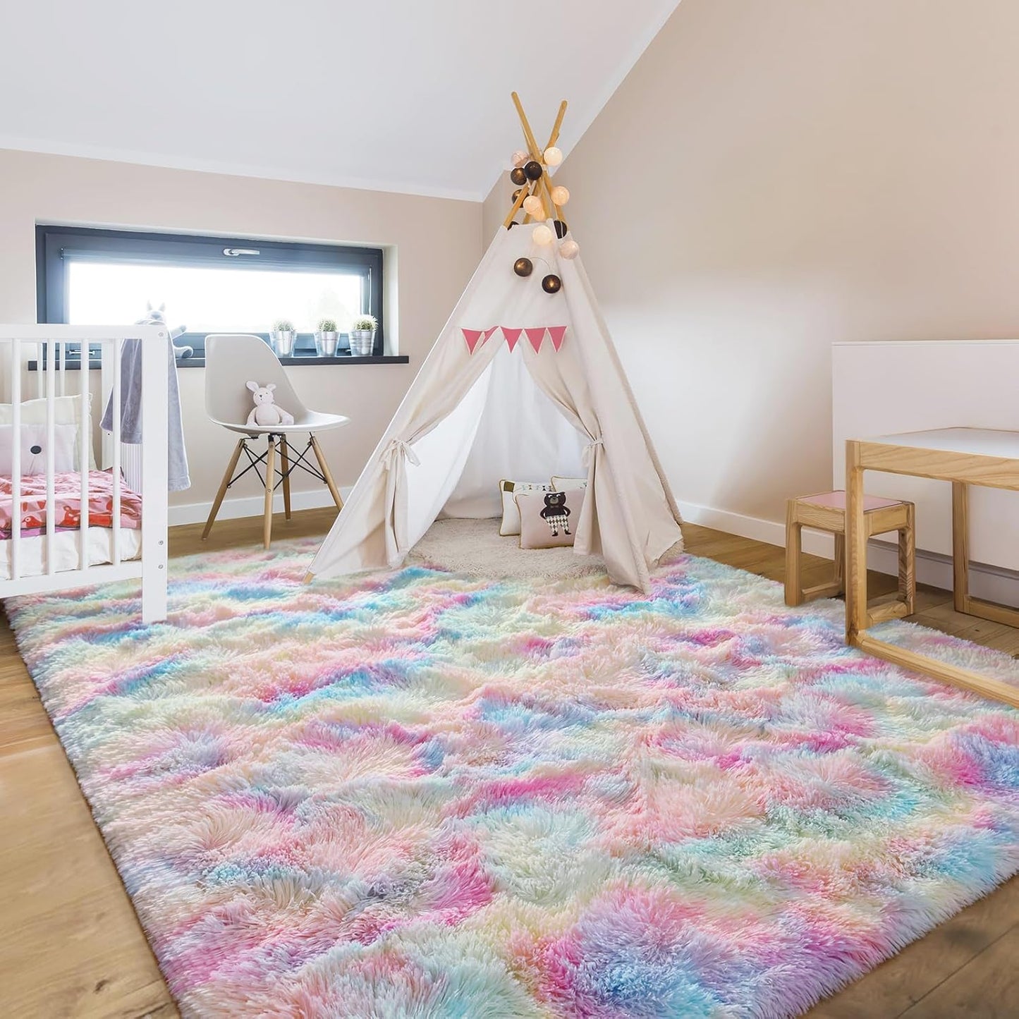 Shaggy Rugs Fluffy Area Rugs 4x5.2 Ft, Large Tie-Dyed Plush Fuzzy Rug, Ultra Soft Modern Furry Carpet for Bedroom, Anti-Skid Indoor Carpets Nursery Rug for Kids Room Home Decor (Rainbow, 120 * 160cm)