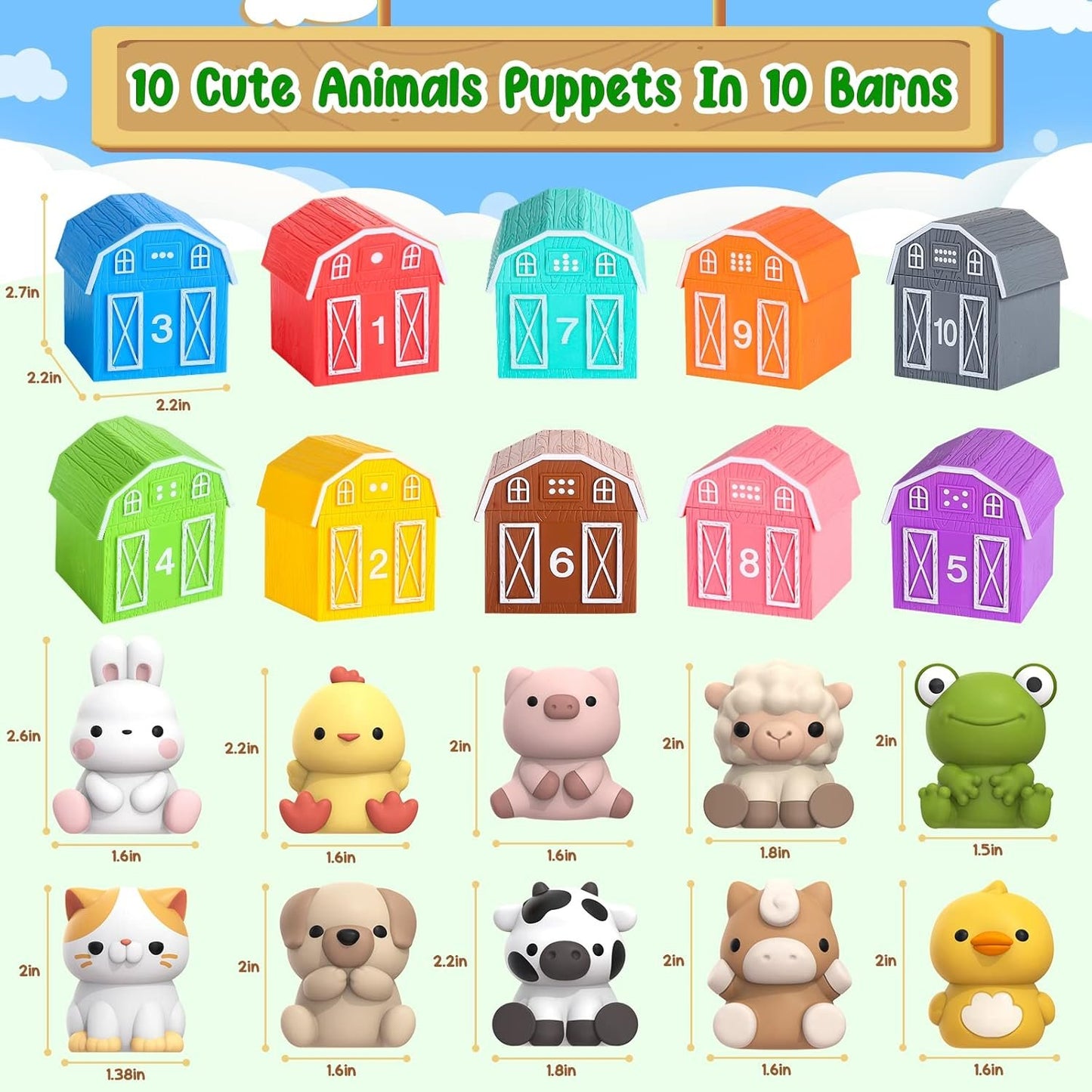 Learning Toy for Toddlers 1 2 3 Year Old, 10 Farm Animal Toys & 10 Barns, Counting, Matching & Sorting Montessori Educational Sensory Toys, Christmas Birthday Baby Boy Girl 1-3