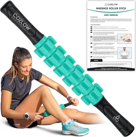 Muscle Roller Stick - Green - Body Massage Tool w/ 6 Rollers & Non-Slip Handles for Deep Tissue Massage & Maximum Muscle Recovery - by Cozlow