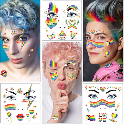 DPKOW Glitter Rainbow Face Tattoos LGBT Pride Temporary Tattoos for Pride Accessories, 12 Sheets Rainbow Flag Butterfly Heart Tattoo Stickers LGBT Gay Pride Makeup Accessories for LGBT Face Body Art