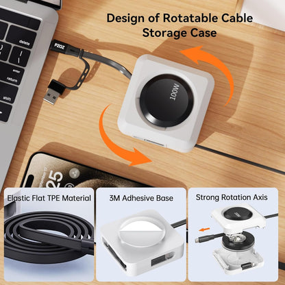 PZOZ 100W Retractable USB C Cable with LED Display, USB Multi Charging Cable with Lightning Micro Adapter Ports for iPhone 16 15 14 iPad Mac Samsung, Stickable Desktop Management Cord (1.5m)