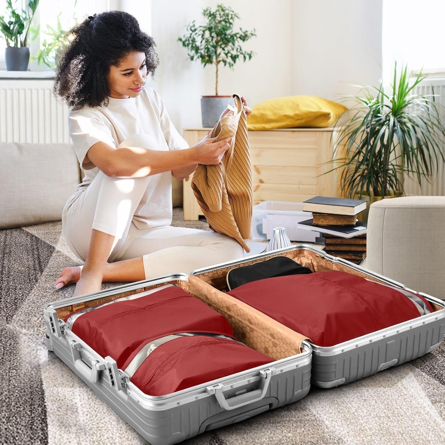 Darkred 3pcs Travel Packing Storage Bags Collapsible Bags For Closet Ziplock Bags Home Organization