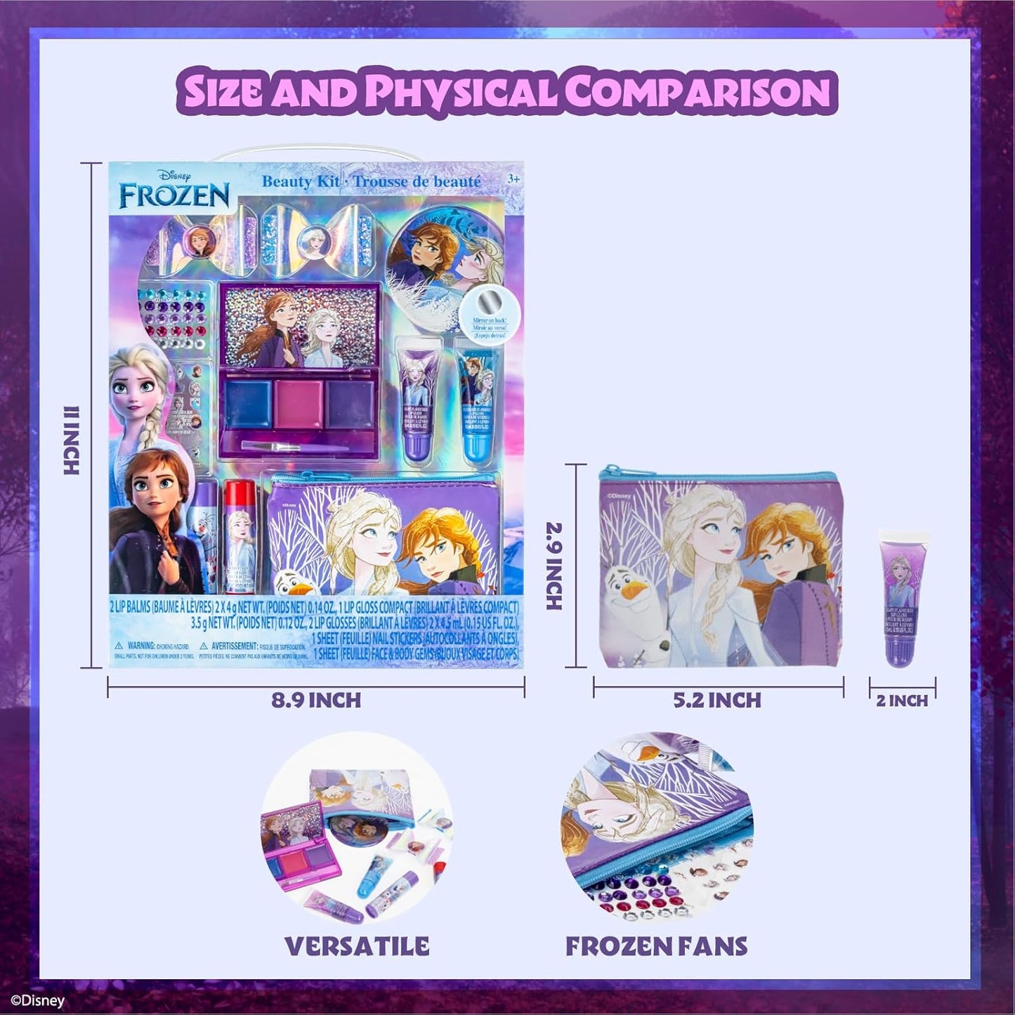 Disney Frozen Townley Girl Makeup Set for Girls with Clips, Lip Gloss, Nail Stickers, Lip Balm, Nail Gems and Mirror for Sleepover and Makeover