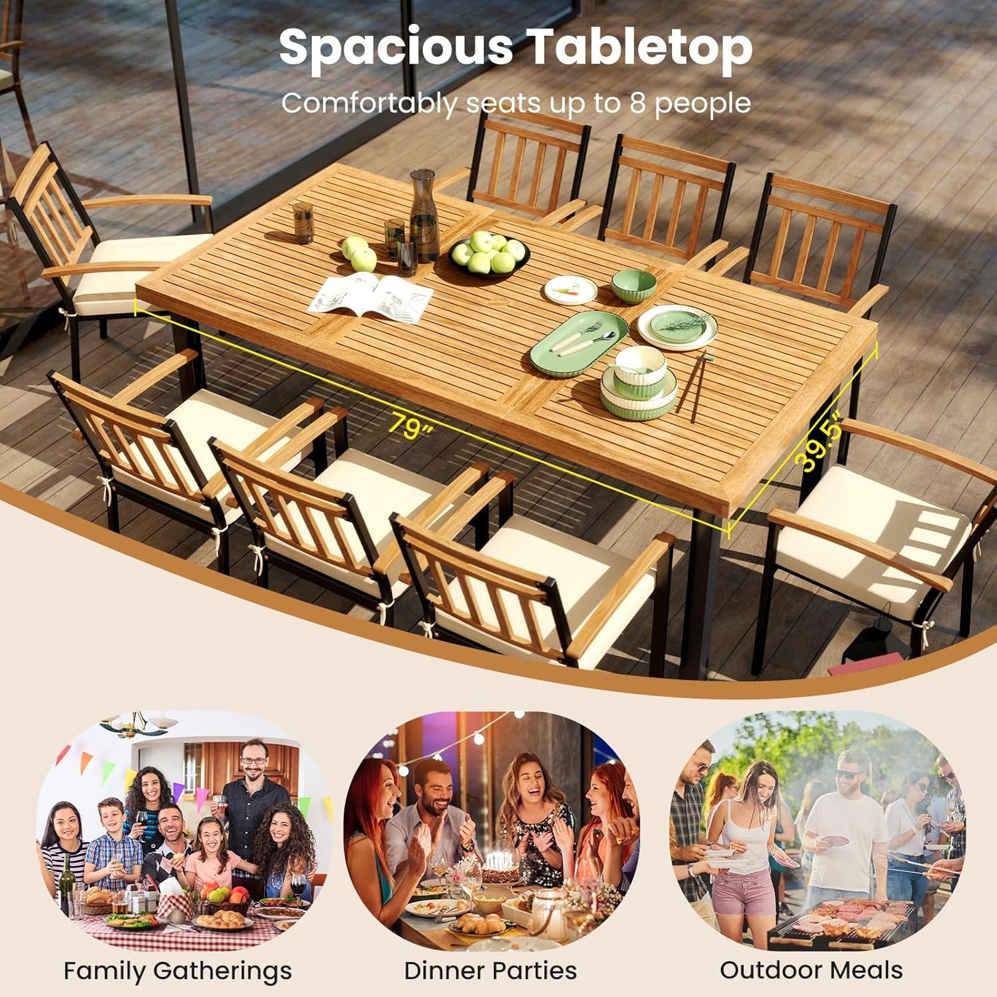 RELAX4LIFE Patio Outdoor Dining Table for 8, 79’’ x 39.5’’ Acacia Wood Rectangular Table w/Slatted Top, Umbrella Hole & Metal Legs, Indoor Outdoor Picnic Bistro Table, 8-Person Patio Dining Table