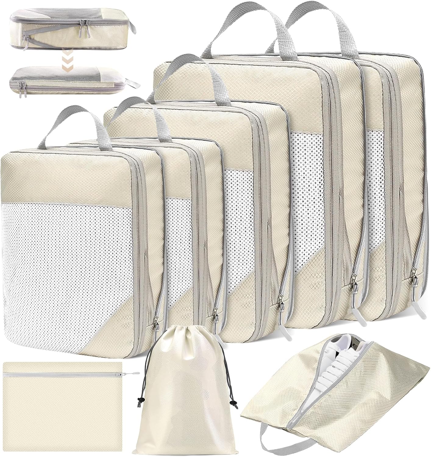 POWZOO 8 Pieces Organizer Suitcase Set, Packing Cubes Travel Organizer, Space-Saving, Travel Organizer, for Clothes, Shoes, Cosmetics Storage, Set of Organizer for Suitcases (Beige)