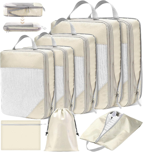 POWZOO 8 Pieces Organizer Suitcase Set, Packing Cubes Travel Organizer, Space-Saving, Travel Organizer, for Clothes, Shoes, Cosmetics Storage, Set of Organizer for Suitcases (Beige)
