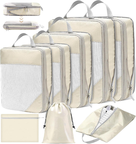 POWZOO 8 Pieces Organizer Suitcase Set, Packing Cubes Travel Organizer, Space-Saving, Travel Organizer, for Clothes, Shoes, Cosmetics Storage, Set of Organizer for Suitcases (Beige)