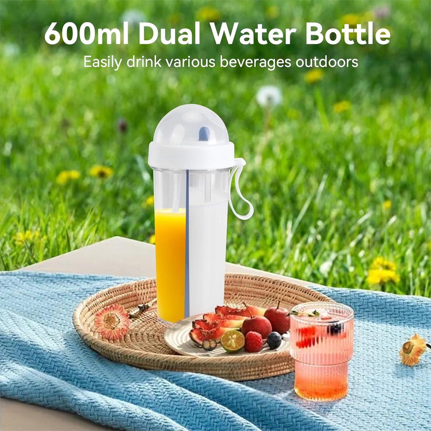 600ml Dual Use Water Bottle, Portable Split Drinking Cup with Straw Two Sided Cup with Divider Daily Water Intake Bottle Double Espresso Cups for Home Outdoor Camping Sport
