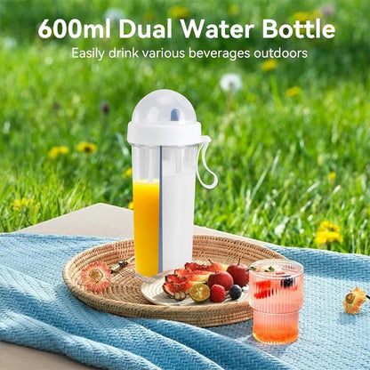 600ml Dual Use Water Bottle, Portable Split Drinking Cup with Straw Two Sided Cup with Divider Daily Water Intake Bottle Double Espresso Cups for Home Outdoor Camping Sport