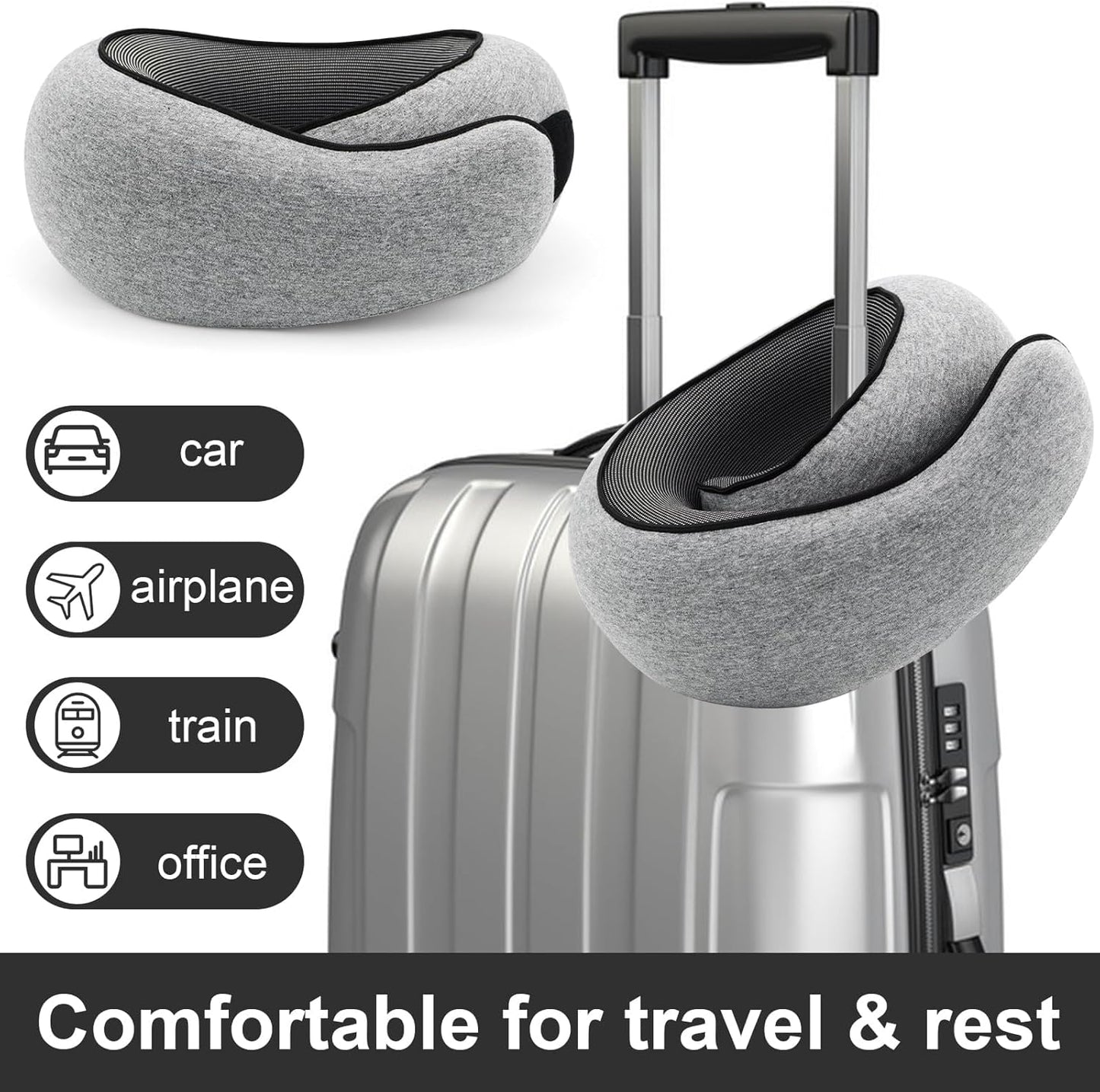 Travel Neck Pillow, Memory Foam Travel Pillow, 360 Degree Comfort and Breathability,Stowable U-Shaped Pillow,Portable Pillows for Airplane, Cars, Office (Light Grey)