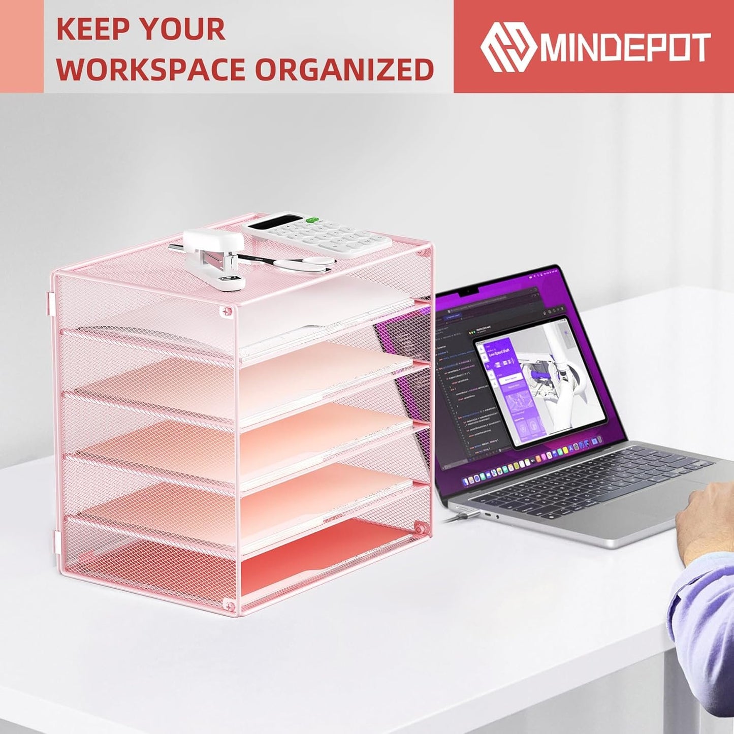 MINDEPOT 6 Tier Desk Organizer Paper Tray, Metal File Holder Desktop Organizers and Workspace Accessories for School Office Organization Storage Rack (1, Pink)