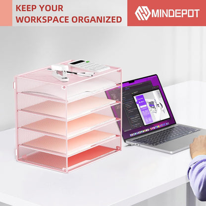 MINDEPOT 6 Tier Desk Organizer Paper Tray, Metal File Holder Desktop Organizers and Workspace Accessories for School Office Organization Storage Rack (1, Pink)