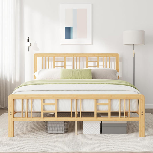 Viisari Bamboo Wood Queen Bed Frame with Headboard and Footboard, 10 Inch Platform Bed Frame Queen Size No Box Spring Needed with Steel Slats, Solid Foundation, Easy Assembly, Ample Under-Bed Storage