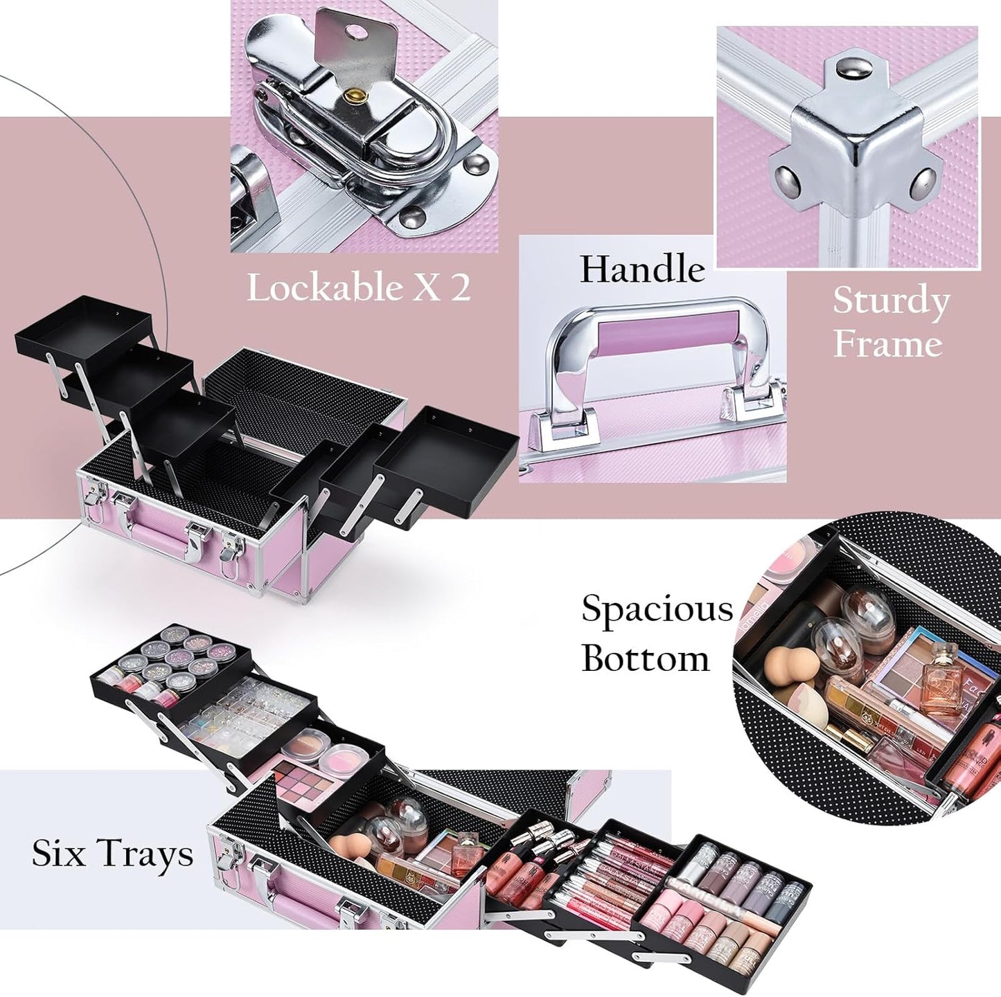 Professional Makeup Case Large Size Cosmetic Case Cosmetic Case Makeup Organizer 6 Trays Lockable, pink, L
