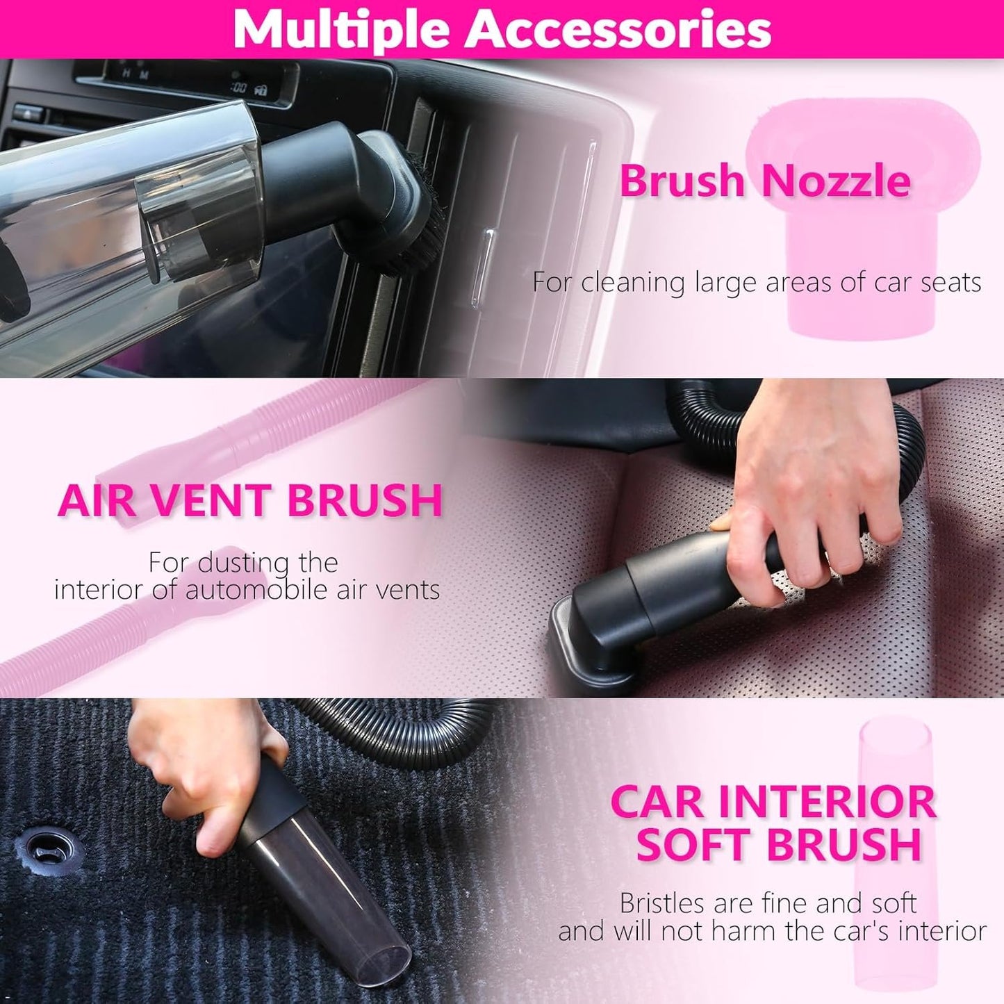 Car Cleaning Kit, Car Vacuum Detailing Kit Interior with High Power Handheld Vacuum, Including 7Pcs Detailing Brush Set, Windshield Cleaner, Pink Car Accessories for Women