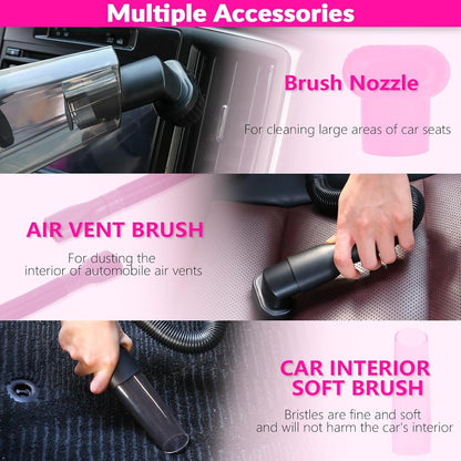 Car Cleaning Kit, Car Vacuum Detailing Kit Interior with High Power Handheld Vacuum, Including 7Pcs Detailing Brush Set, Windshield Cleaner, Pink Car Accessories for Women