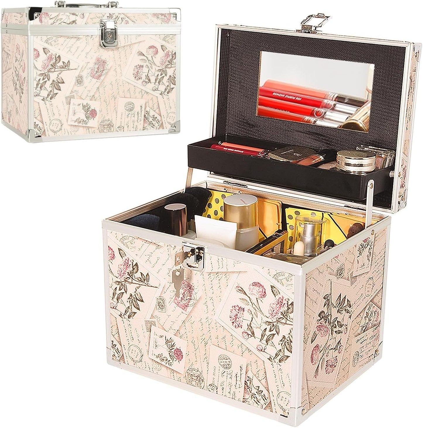 VNIMTI Portable Makeup Box, Vanity Case with Mirror, Cosmetic Storage Box with Trays, Makeup Box Organiser for Vanity, Travel Makeup Train Case (Retro Stamp - L)