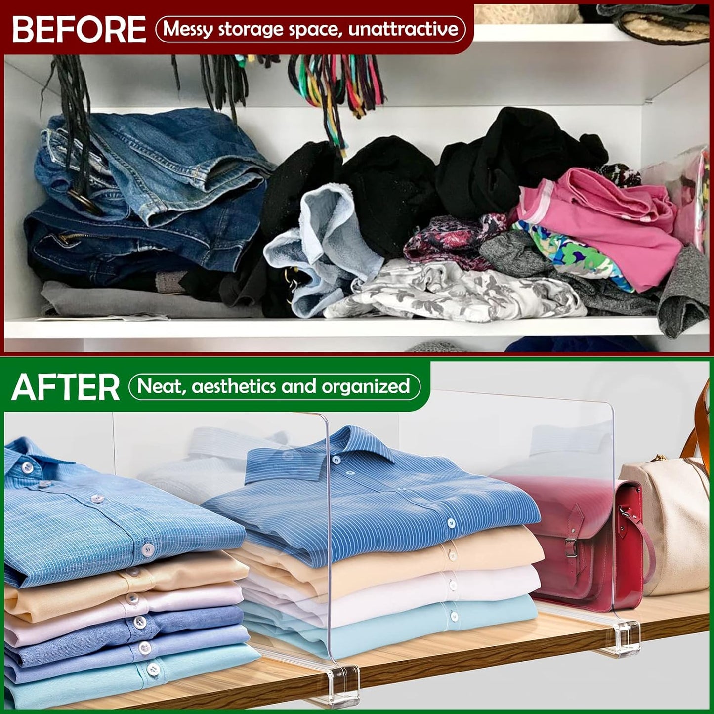 Consevisen Shelf Dividers for Closet Organization and Storage, 8 Pack Acrylic Clear Closet Shelf Dividers for Wood Shelves, Vertical Sweater Handbag Purse Organizer for Bedroom Kitchen Office