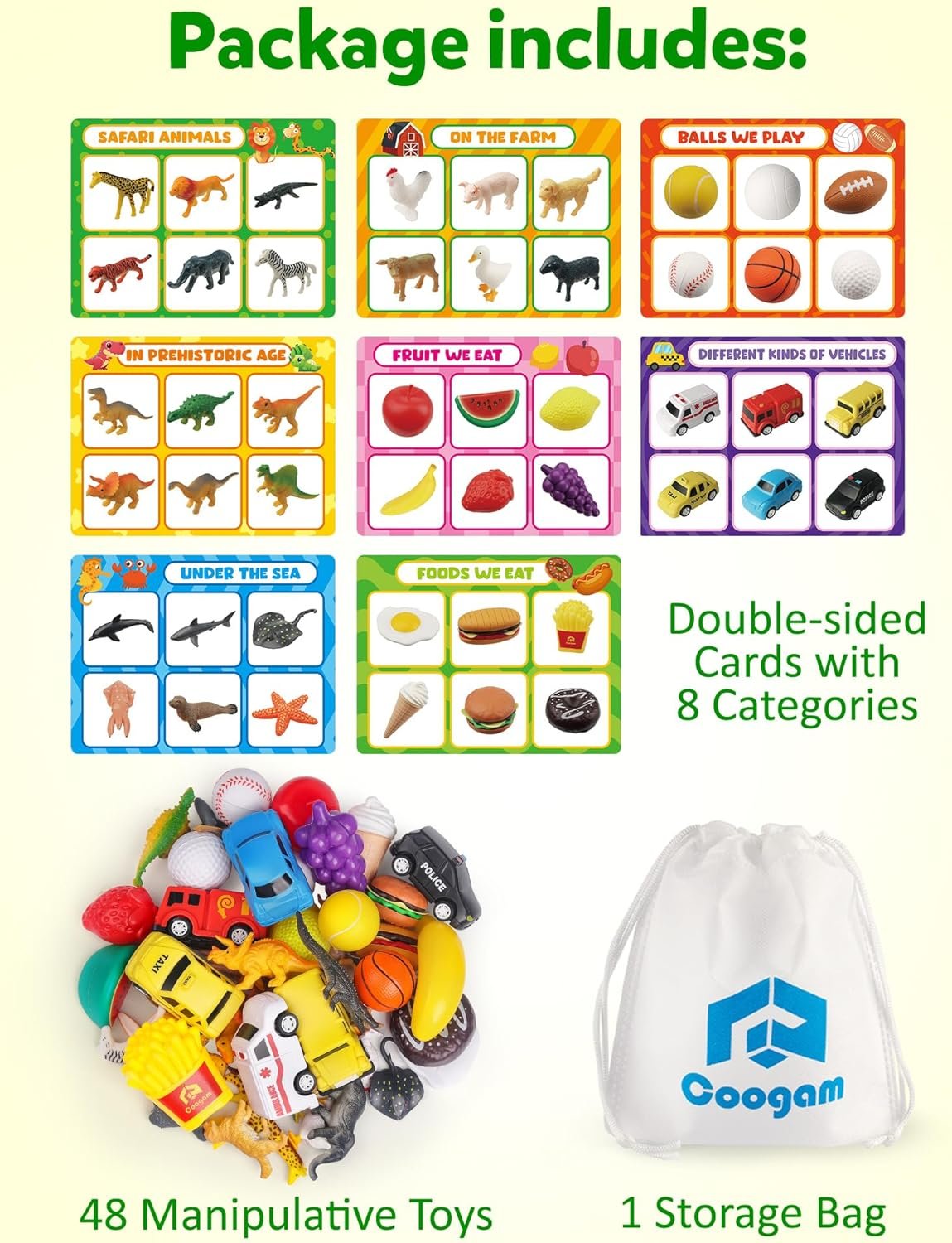 Sorting Toy for Toddlers, Animals Dinosaurs Fruits Vehicles Foods Fishes Balls Farm Playset, Fine Motor Montessori Game Preschool Educational Learning Gift