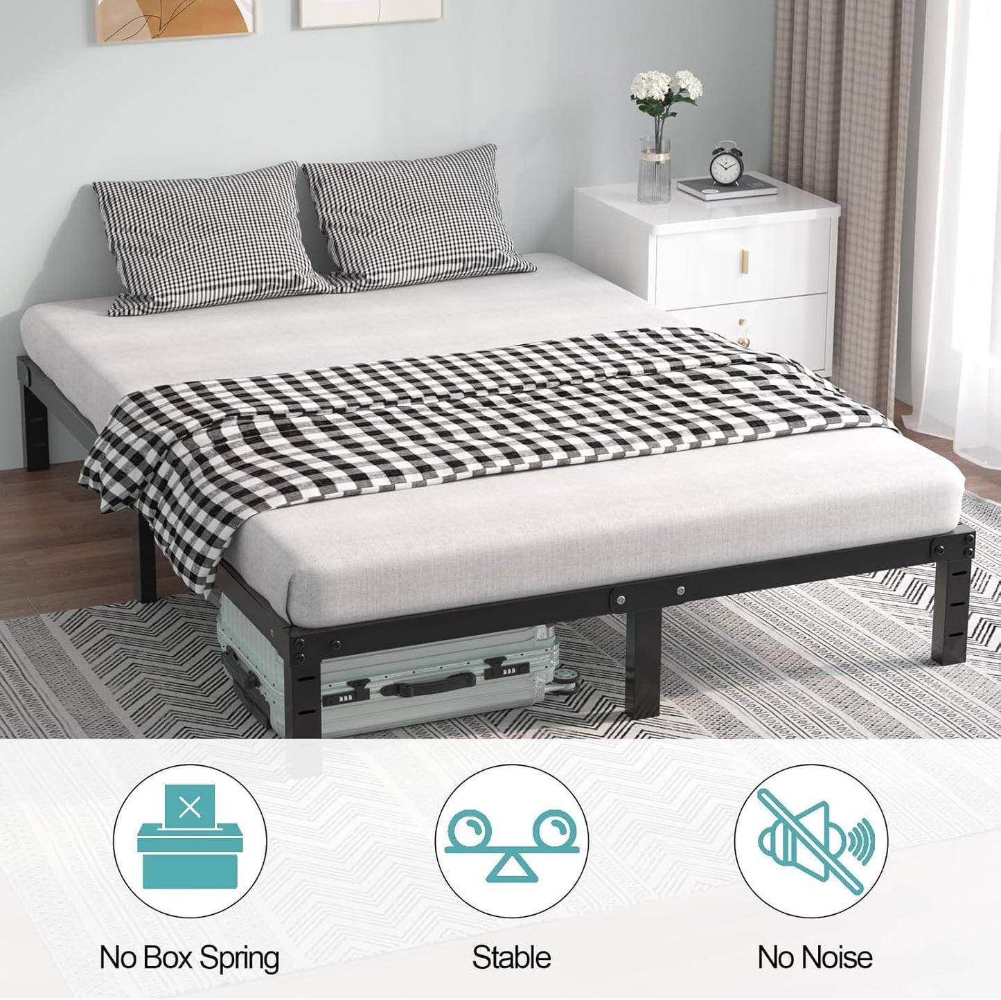 King Bed Frames, 16 Inch Bed Frames King Size Metals Platforms Bed Frames Not Boxs Spring Needed and Heavy Duty Steel Slats