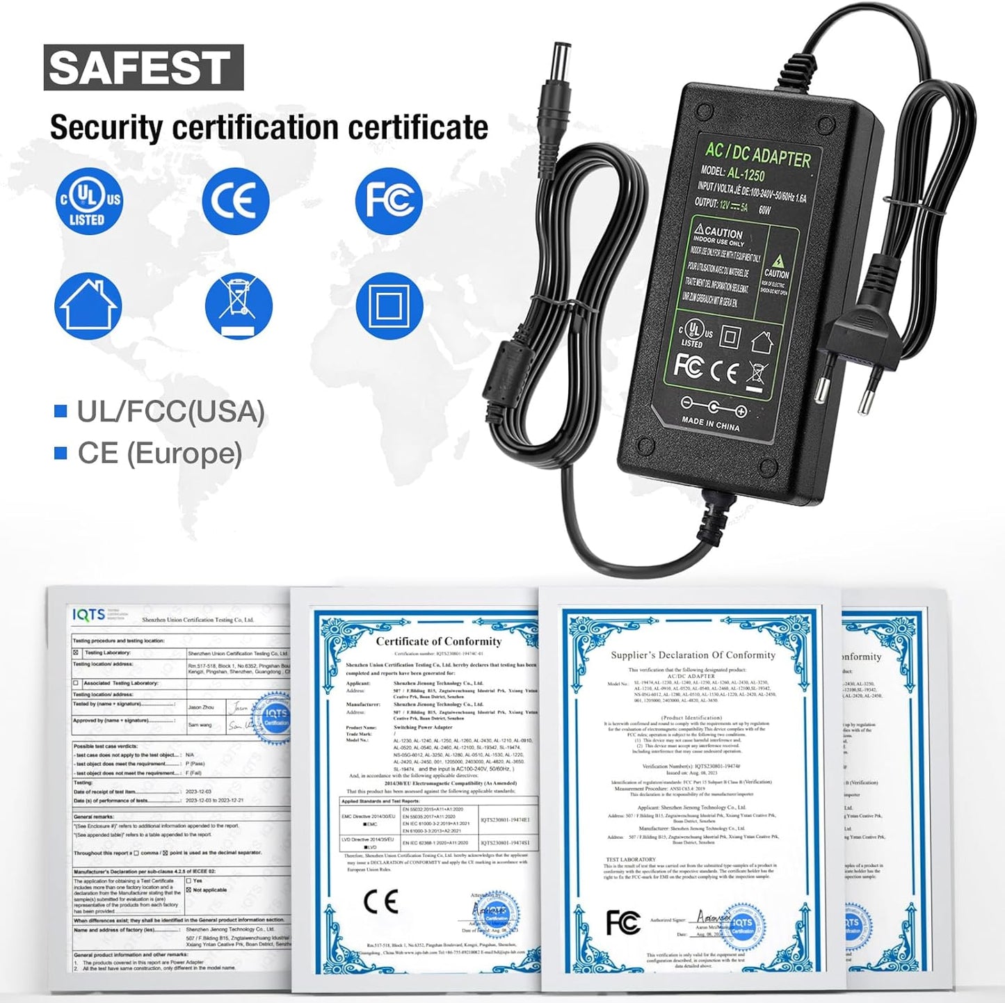 12V 5A AC 100-240V to DC 12V 5A 60W Power Supply for LED Strip Lights DVD TV Amplifier Camera System - Euro Plug
