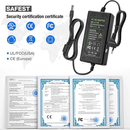 12V 5A AC 100-240V to DC 12V 5A 60W Power Supply for LED Strip Lights DVD TV Amplifier Camera System - Euro Plug