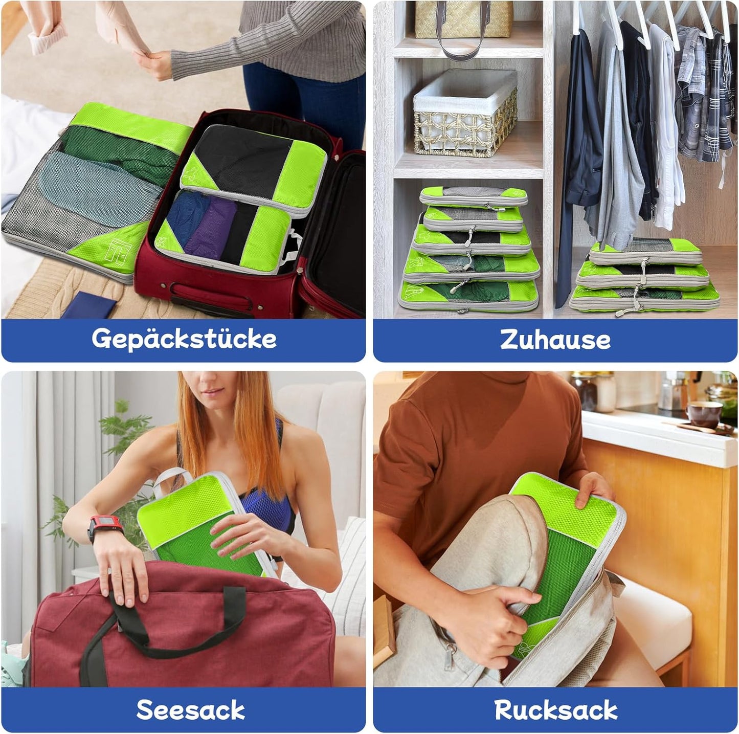 Pack of 5 Compressible Cubes for Travel, Compressible Cube for Luggage Organization, Ultralight, Storage Bag, Suitcase Organizer, Backpack and Suitcase (Green)