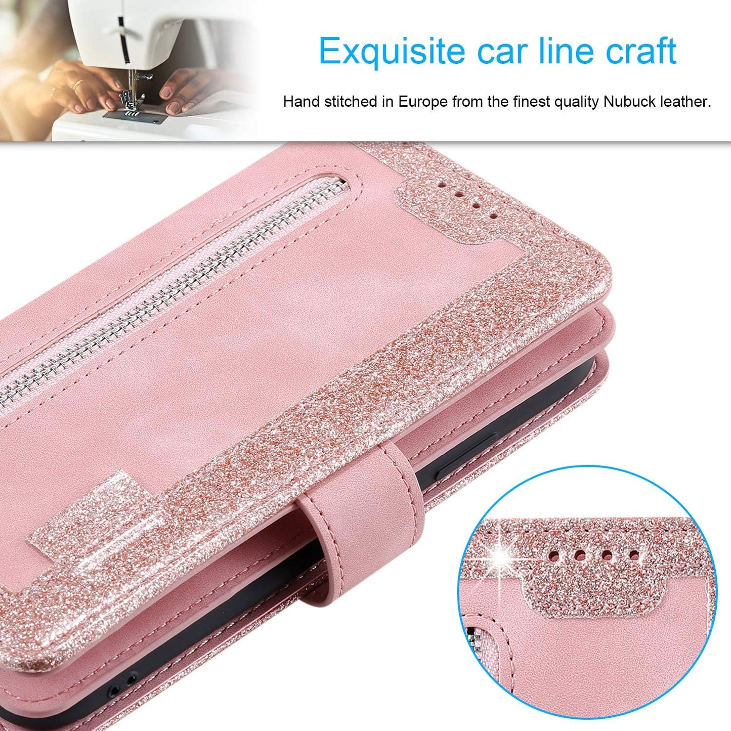 UEEBAI Wallet Case for Samsung Galaxy S22 Ultra 5G, Retro 9 Card Holder Slots Zipper Pocket Handbag Case PU Leather Magnetic Closure Kickstand with Wrist Strap TPU Shockproof Flip Case - Rose Gold