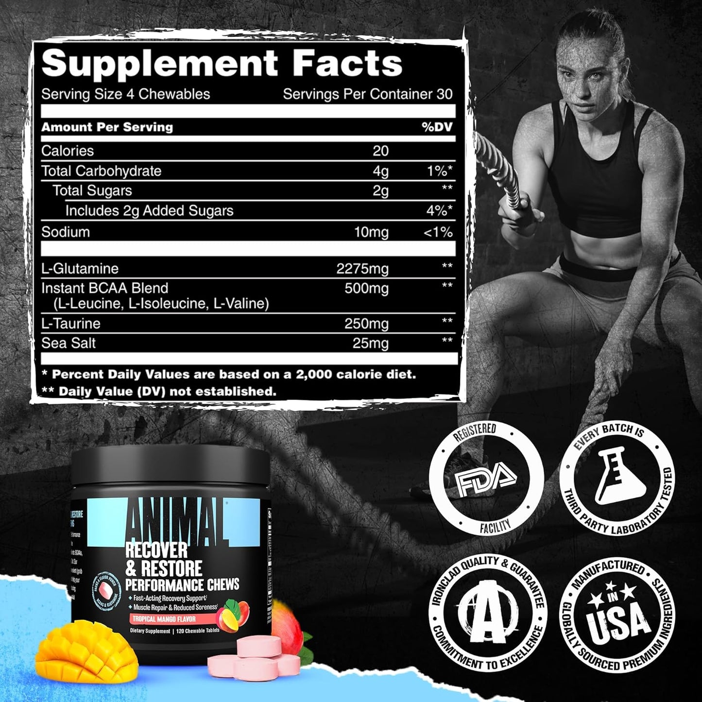 Animal Recovery Chews, Fast Acting Recovery with BCAA, Taurine and Glutamine for Muscle Repair and Hydration - Convenient and Delicious Chews Format