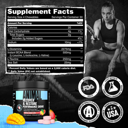 Animal Recovery Chews, Fast Acting Recovery with BCAA, Taurine and Glutamine for Muscle Repair and Hydration - Convenient and Delicious Chews Format
